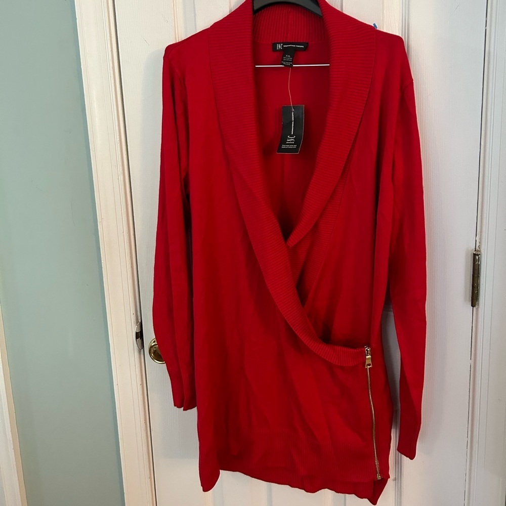 INC red concord sweater. Shawl collar with zipper hip!
